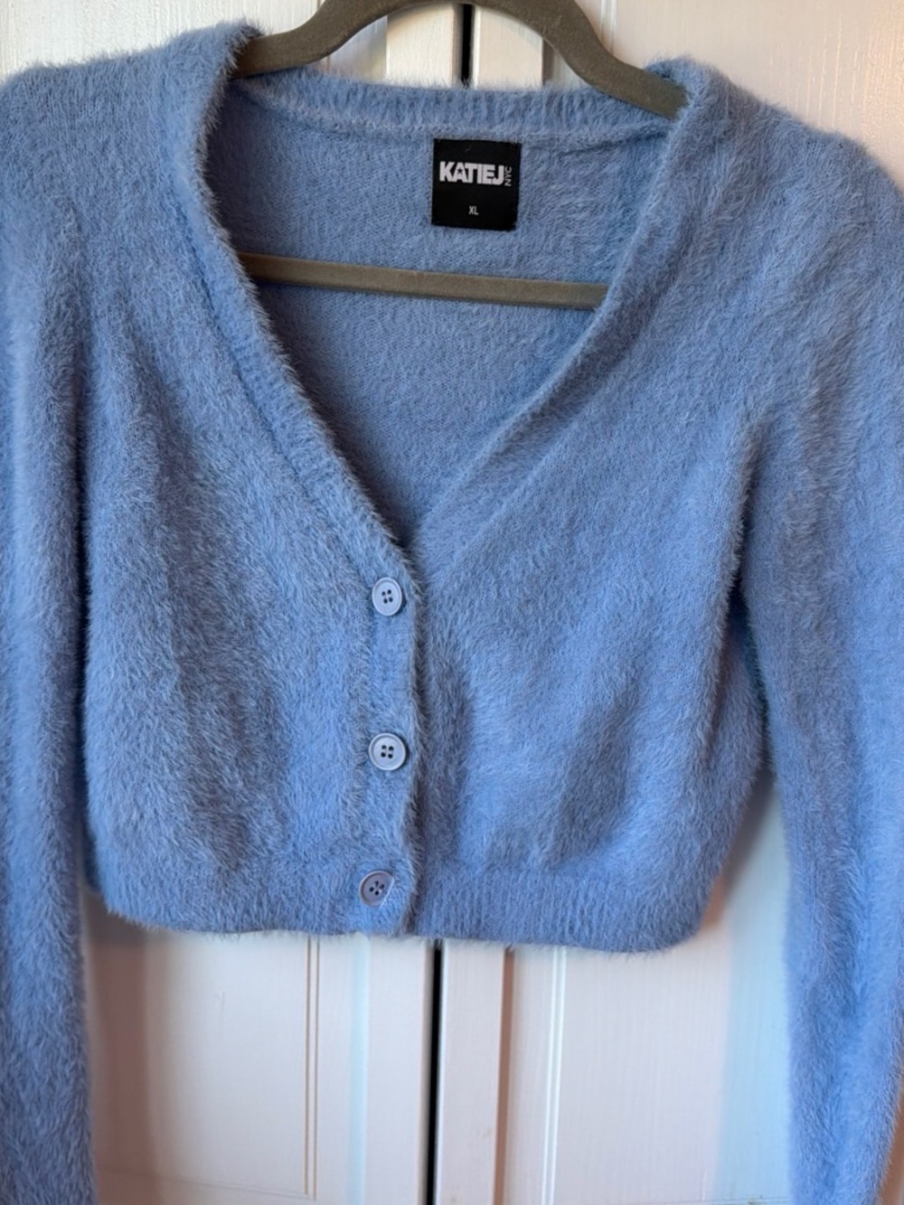 KATIE J Fuzzy Periwinkle V-Neck Button Cropped Cardigan Sweater